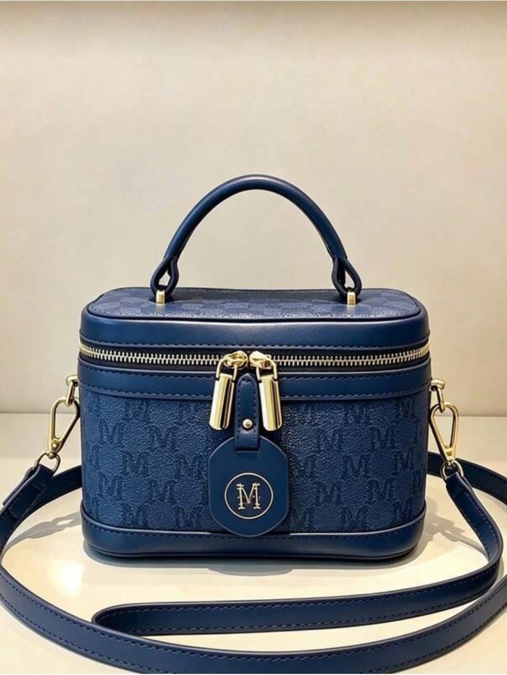 M Initial Monogram Navy Top-Handle Crossbody Bag